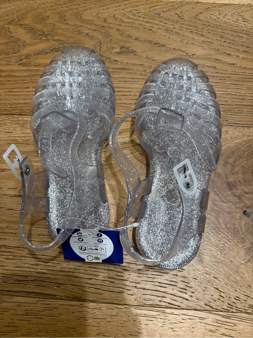 Women's Silver Glitter Jelly Sandals with Adjustable Ankle Strap